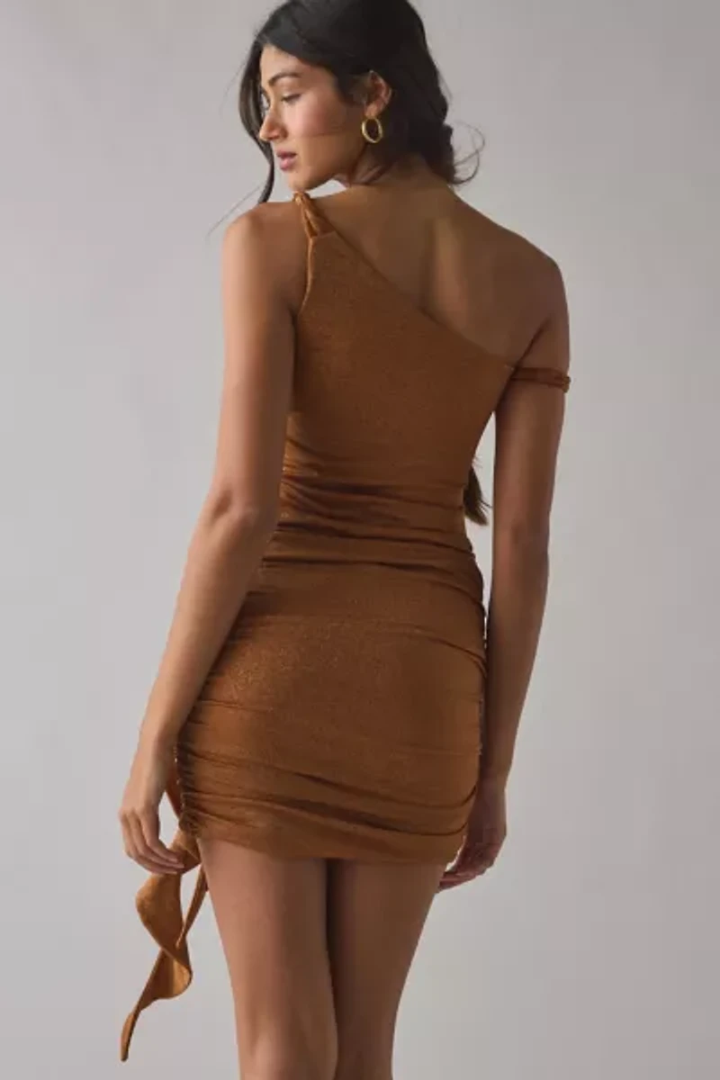 AFRM Shelby Bronze Sparkle Jersey Knit Asymmetric Ruched Bodycon Mini Dress