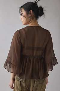 UO Scarlett Sheer Chiffon Bell Sleeve Ruffle Bed Jacket