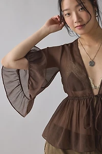 UO Scarlett Sheer Chiffon Bell Sleeve Ruffle Bed Jacket