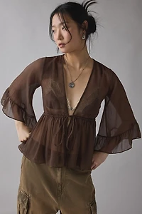 UO Scarlett Sheer Chiffon Bell Sleeve Ruffle Bed Jacket