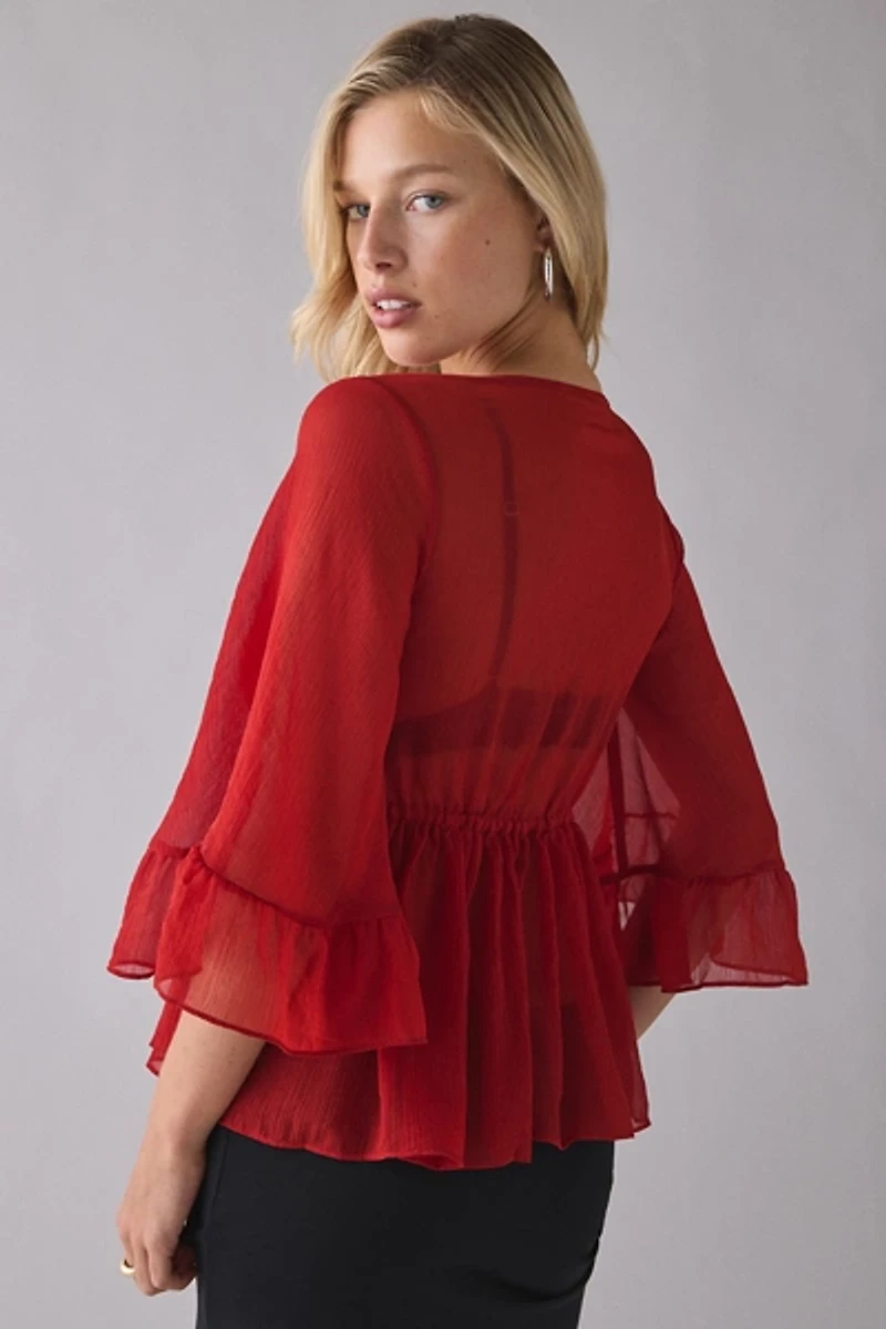 UO Scarlett Sheer Chiffon Bell Sleeve Ruffle Bed Jacket