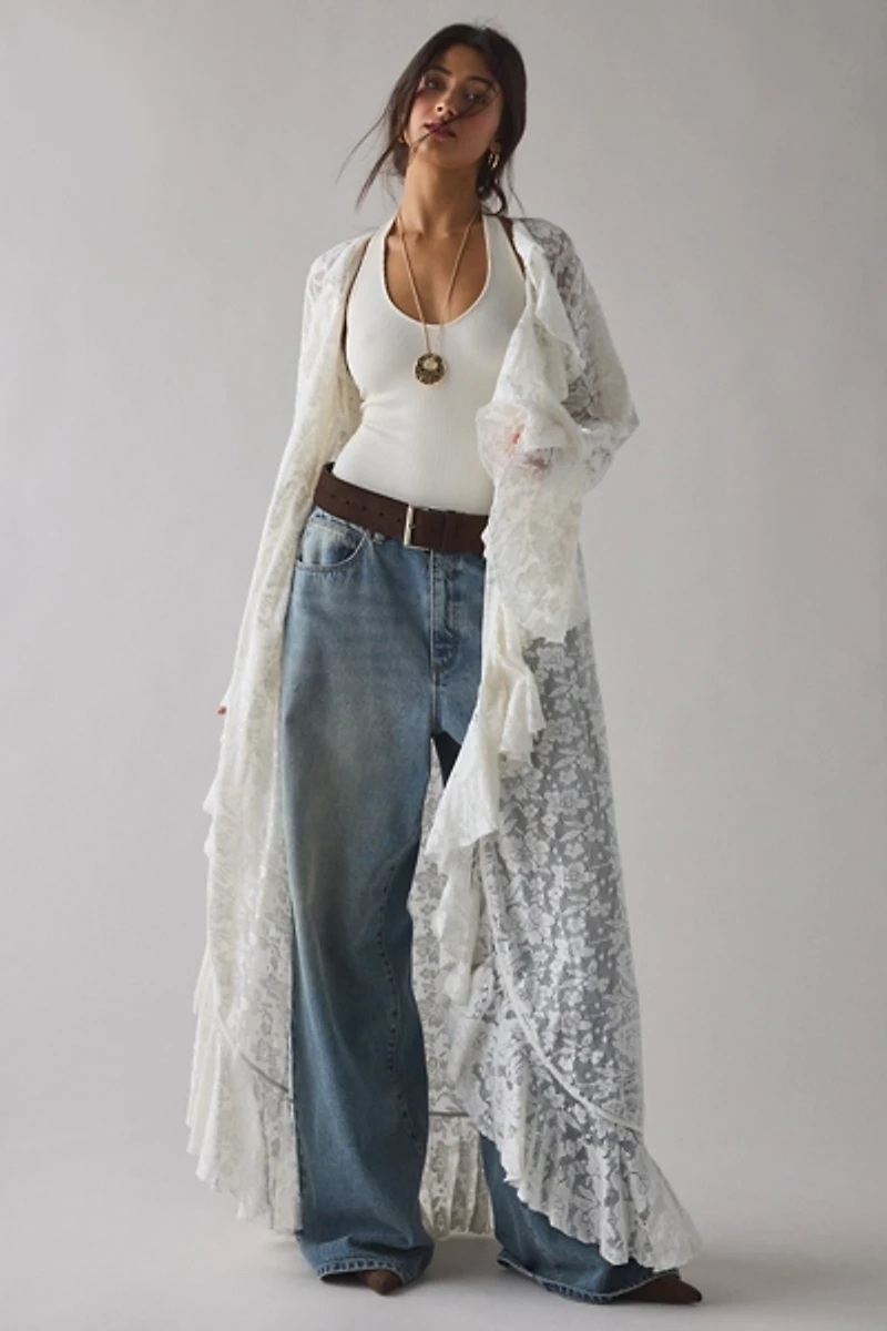 UO Selena Sheer Lace Cascading Ruffle Fluted Sleeve Maxi Top