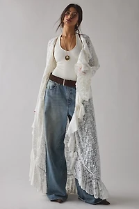 UO Selena Sheer Lace Cascading Ruffle Fluted Sleeve Maxi Top