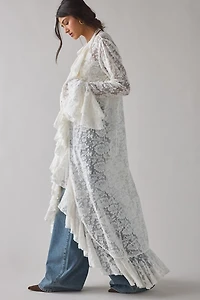 UO Selena Sheer Lace Cascading Ruffle Fluted Sleeve Maxi Top