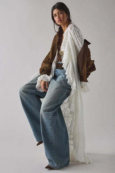 UO Selena Sheer Lace Cascading Ruffle Fluted Sleeve Maxi Top