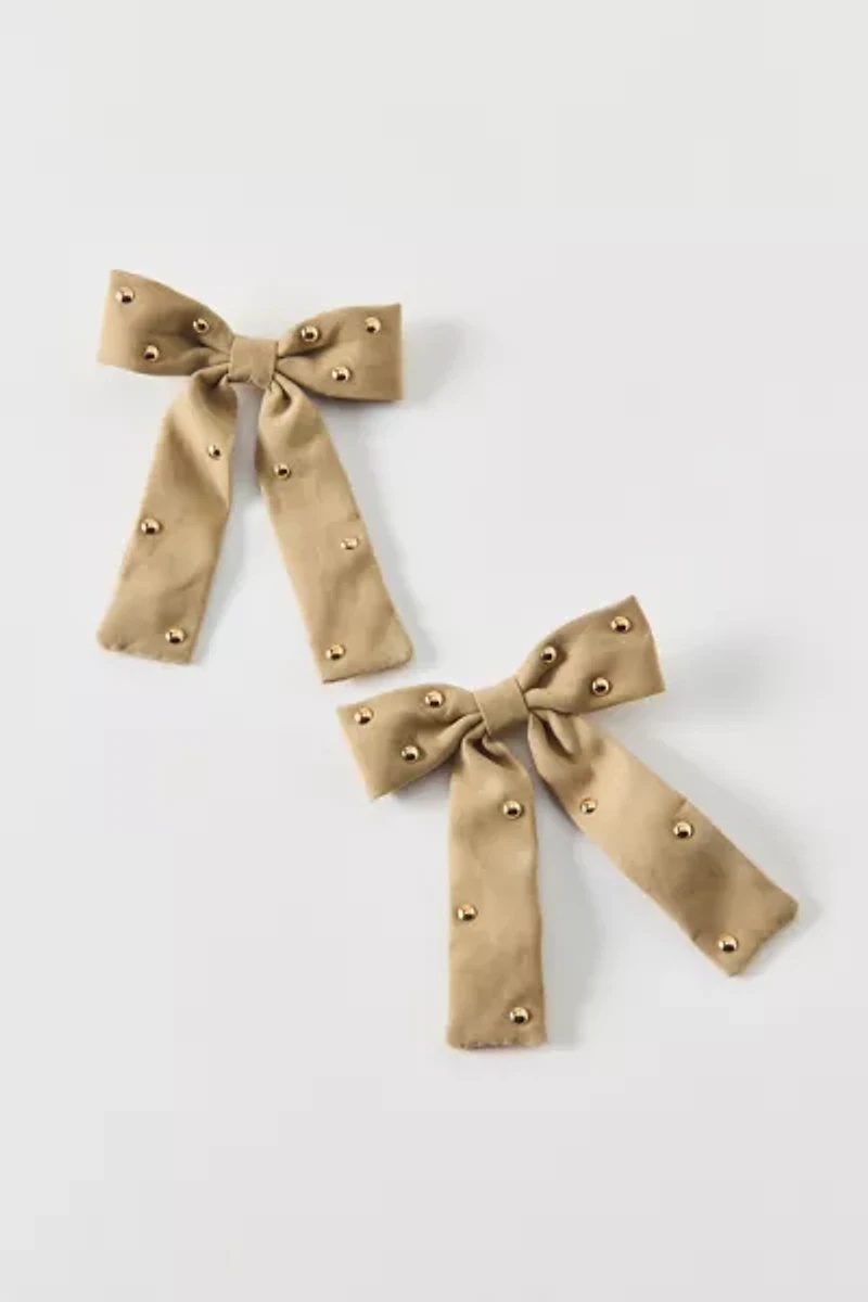 Studded Faux Suede Hair Bow Clip Set