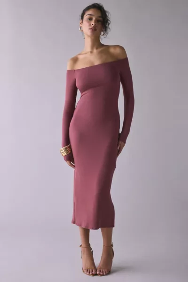 UO Lyss Jersey Knit Off-The-Shoulder Long Sleeve Midi Dress
