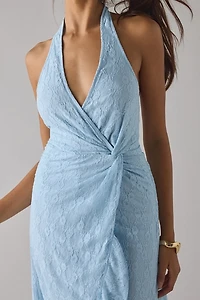 UO Get It Twisted Knot-Front Halter Neck Lace Midi Dress