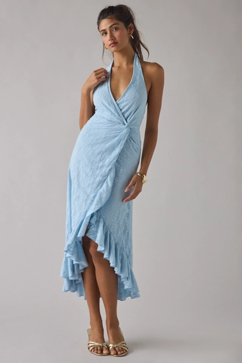 UO Get It Twisted Knot-Front Halter Neck Lace Midi Dress