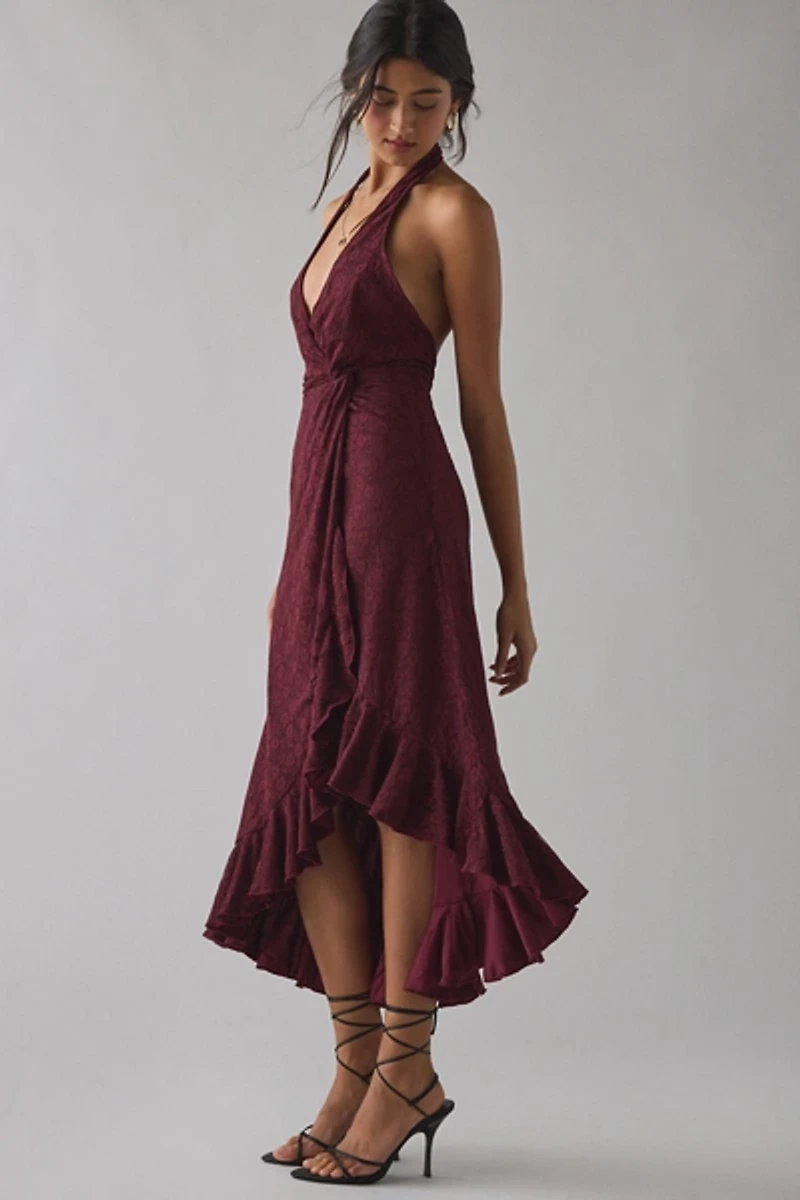 UO Get It Twisted Knot-Front Halter Neck Lace Midi Dress