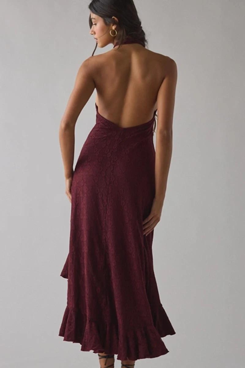 UO Get It Twisted Knot-Front Halter Neck Lace Midi Dress
