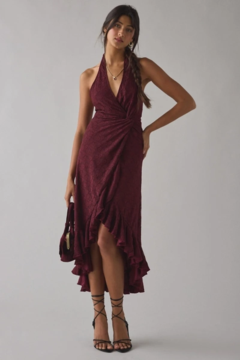 UO Get It Twisted Knot-Front Halter Neck Lace Midi Dress
