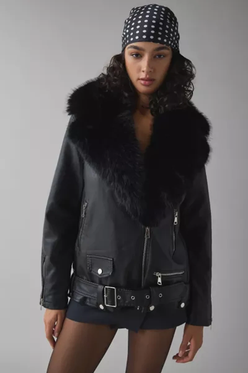 Azalea Wang Aurelia Faux Fur Trim Leather Moto Jacket