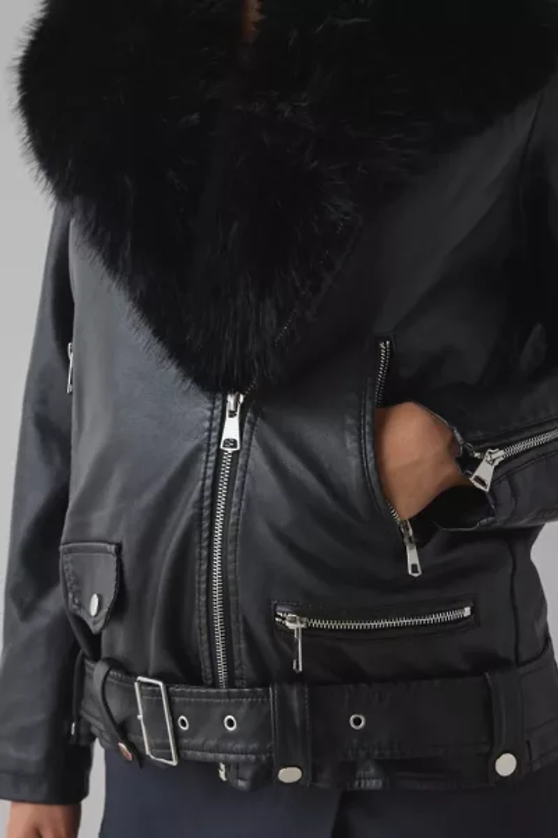 Azalea Wang Aurelia Faux Fur Trim Leather Moto Jacket
