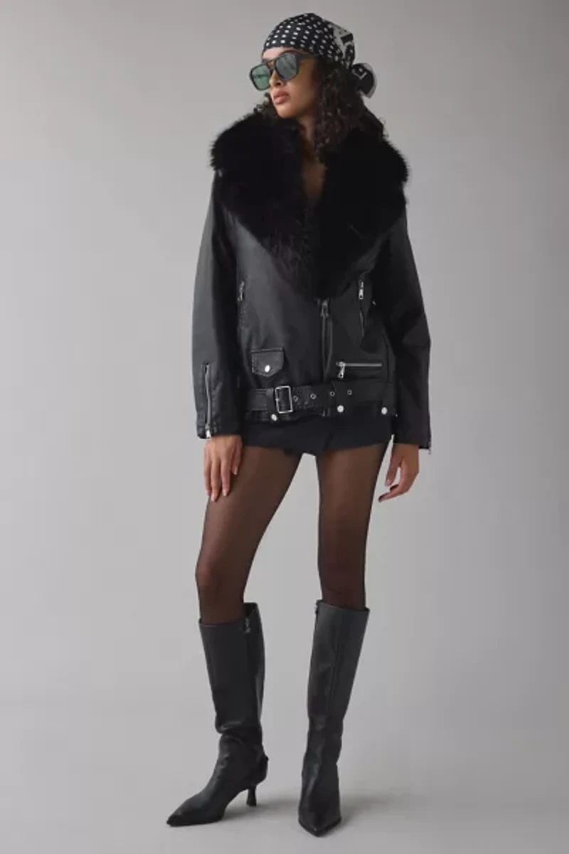 Azalea Wang Aurelia Faux Fur Trim Leather Moto Jacket