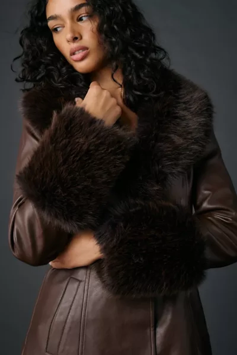 Azalea Wang Kaya Faux Fur Trim Leather Trench Coat