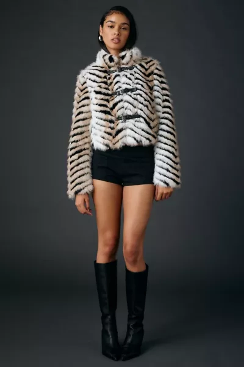 Azalea Wang Argyll Animal Print Faux Fur Coat