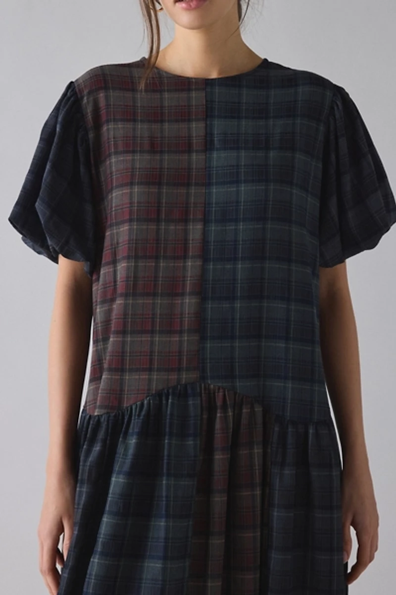 Daisy Street Heath Patchwork Plaid Puff Sleeve Flounce Midi Dress