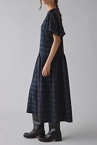 Daisy Street Heath Patchwork Plaid Puff Sleeve Flounce Midi Dress