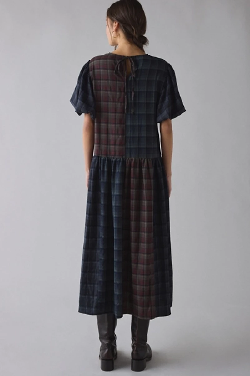 Daisy Street Heath Patchwork Plaid Puff Sleeve Flounce Midi Dress