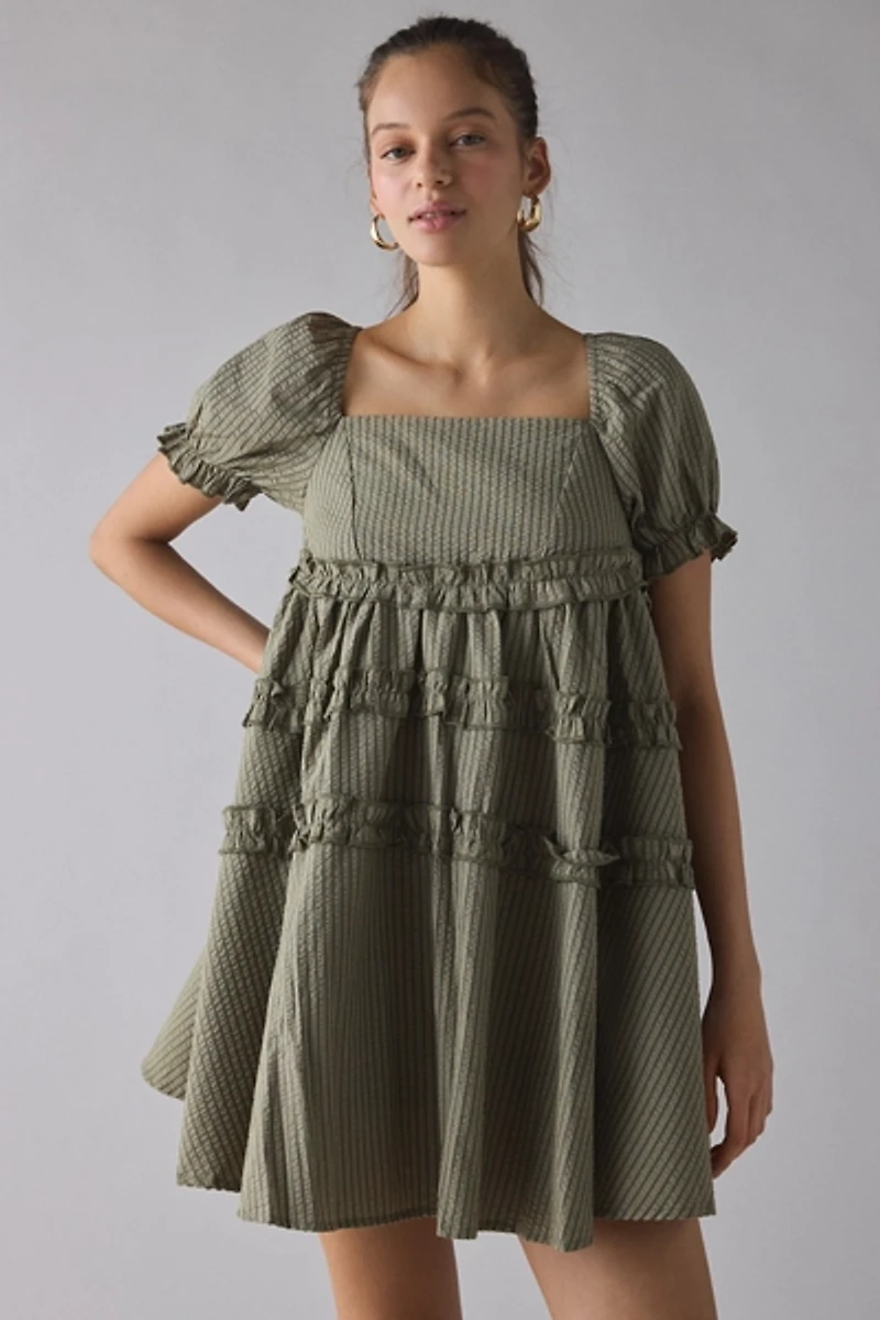 Daisy Street Pine Puff Sleeve Ruffle Babydoll Mini Dress