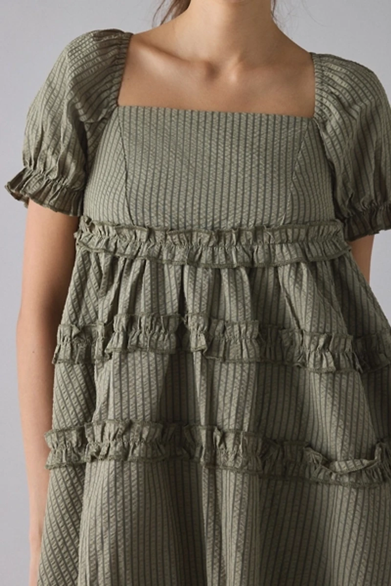 Daisy Street Pine Puff Sleeve Ruffle Babydoll Mini Dress