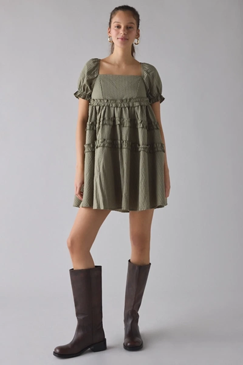 Daisy Street Pine Puff Sleeve Ruffle Babydoll Mini Dress