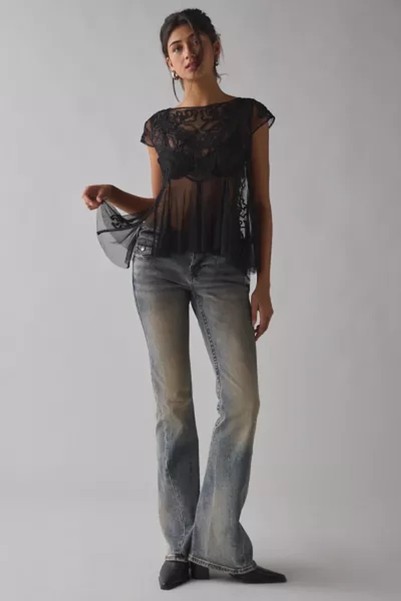 Kimchi Blue Eclipse Embroidered Sheer Mesh Short Sleeve Babydoll Top