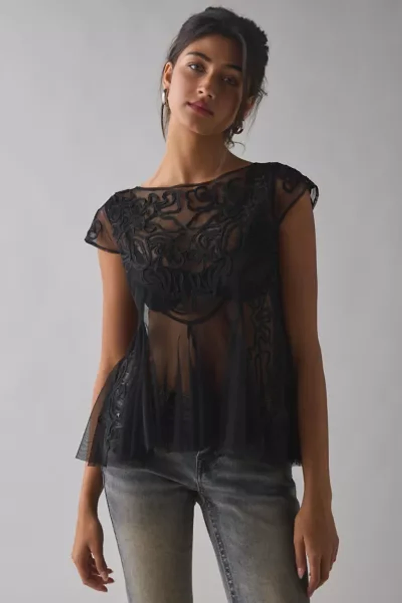 Kimchi Blue Eclipse Embroidered Sheer Mesh Short Sleeve Babydoll Top