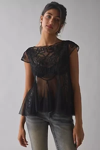 Kimchi Blue Eclipse Embroidered Sheer Mesh Short Sleeve Babydoll Top