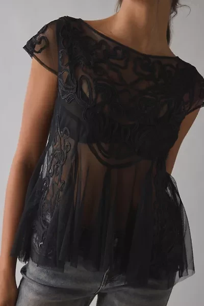 Kimchi Blue Eclipse Embroidered Sheer Mesh Short Sleeve Babydoll Top