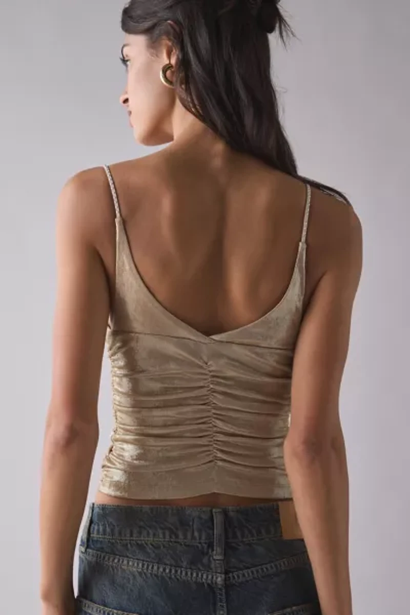 UO Helly Ruched Plunging Rhinestone Strap Tank Top