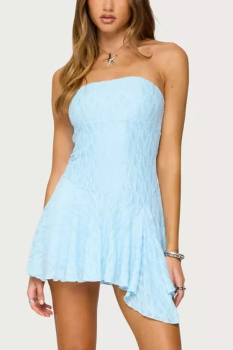 Edikted Elaia Asymmetric Strapless Lace Mini Dress