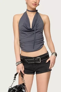 Edikted Syra Zipper Low Rise Denim Shorts