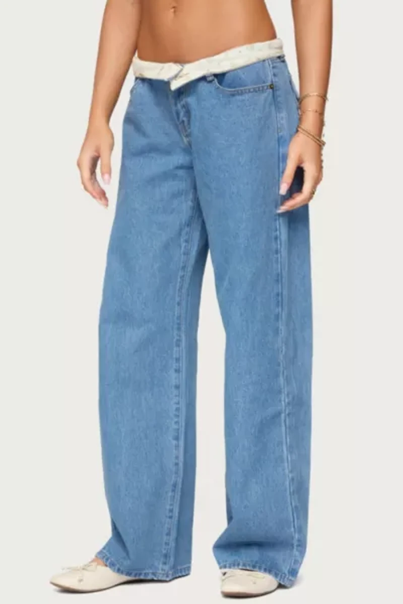 Edikted Floral Foldover Low Rise Jeans