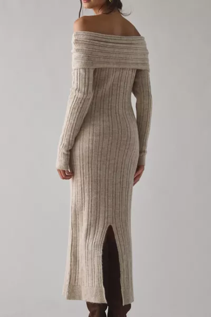 BDG Teddie Foldover Off-The-Shoulder Sweater Midi Dress