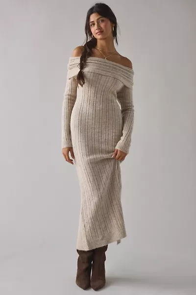 BDG Teddie Foldover Off-The-Shoulder Sweater Midi Dress