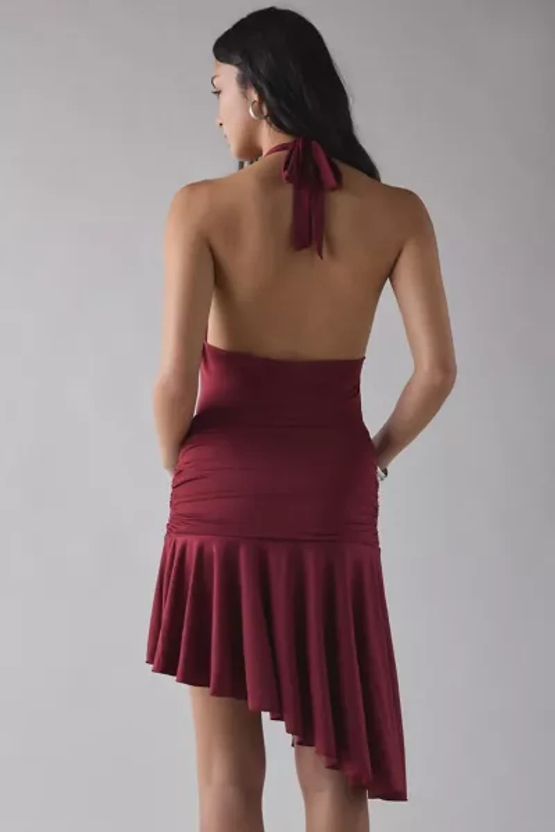 Kiss The Sky Ruby Ruched Asymmetric Cowl Neck Halter Midi Dress