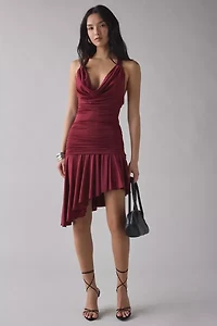 Kiss The Sky Ruby Ruched Asymmetric Cowl Neck Halter Midi Dress