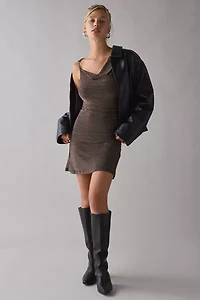 Kiss The Sky Lila Shimmer Knit Asymmetric Cowl Neck Mini Dress