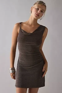 Kiss The Sky Lila Shimmer Knit Asymmetric Cowl Neck Mini Dress