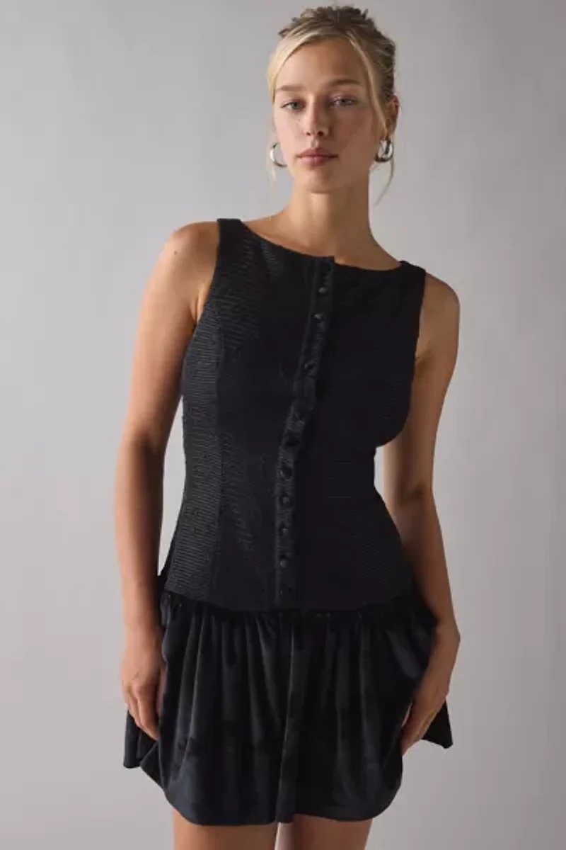 Kiss The Sky Ali Boatneck Drop Waist Black Velvet Mini Dress