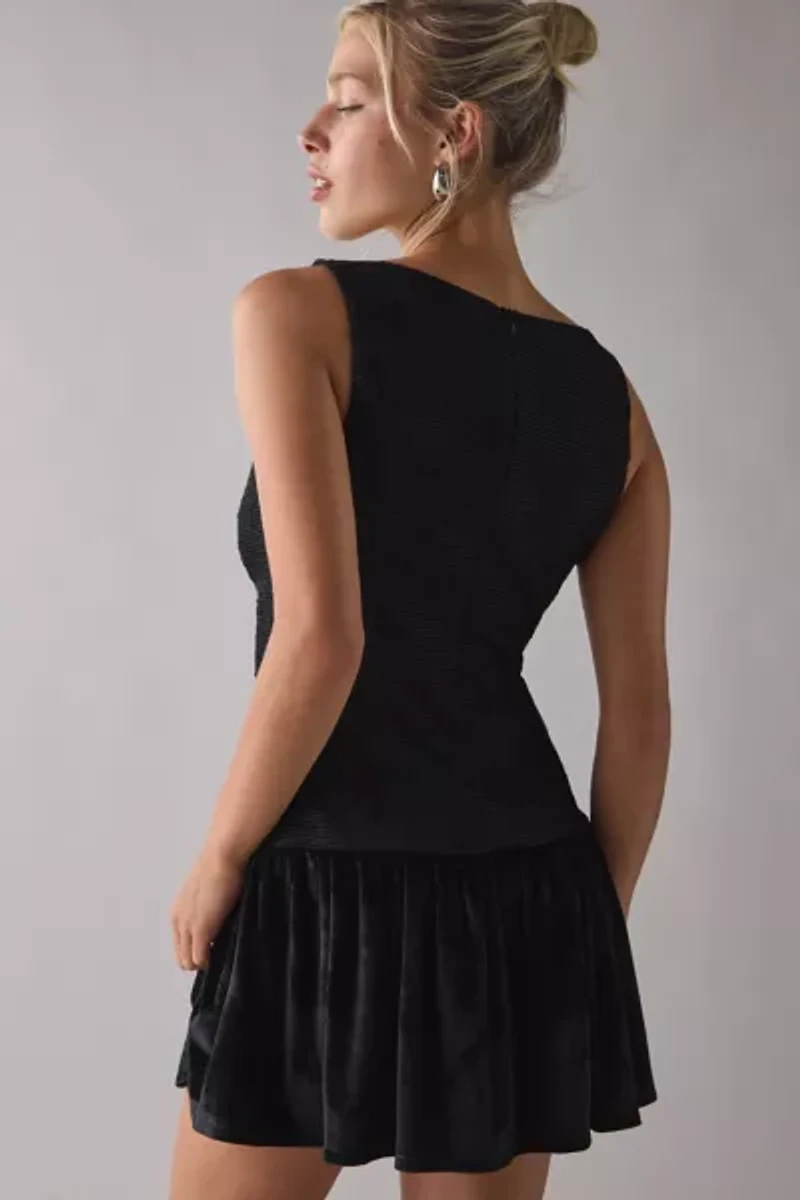 Kiss The Sky Ali Boatneck Drop Waist Black Velvet Mini Dress