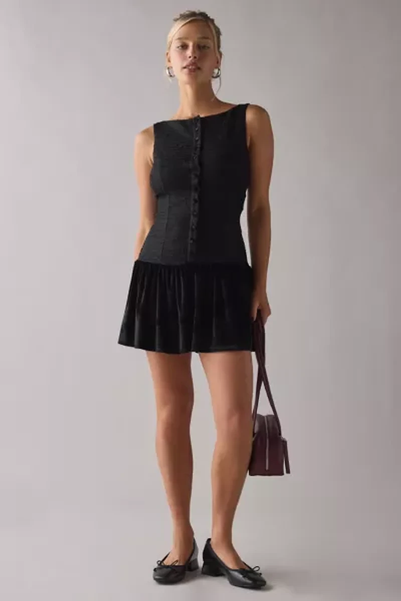 Kiss The Sky Ali Boatneck Drop Waist Black Velvet Mini Dress