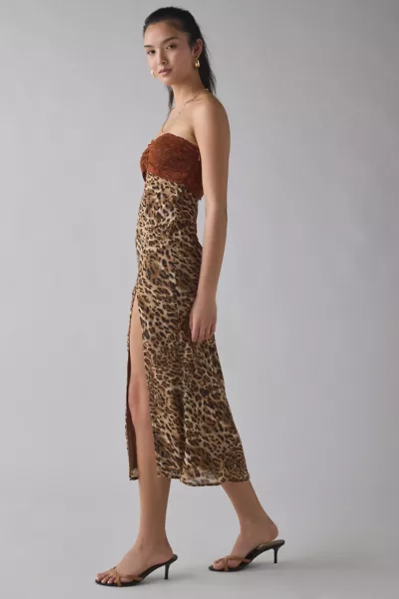 Kiss The Sky Delmar Leopard & Lace Strapless Slit Midi Dress