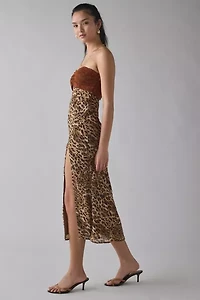 Kiss The Sky Delmar Leopard & Lace Strapless Slit Midi Dress