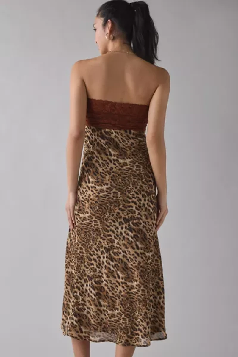 Kiss The Sky Delmar Leopard & Lace Strapless Slit Midi Dress