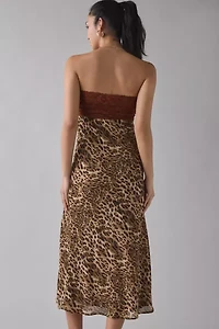 Kiss The Sky Delmar Leopard & Lace Strapless Slit Midi Dress