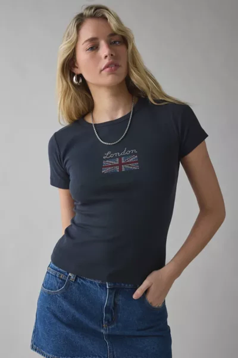 London Union Jack Flag Rhinestone Graphic Baby Tee