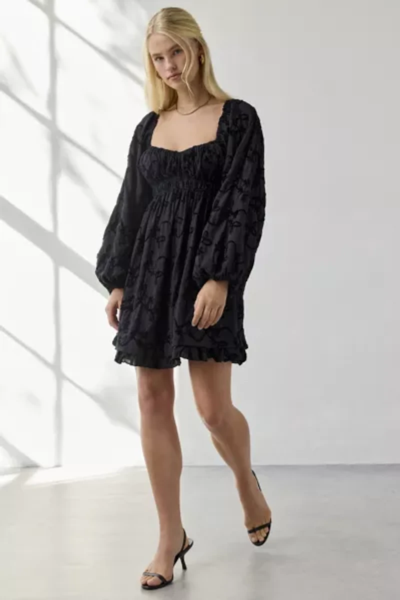 Kiss The Sky Bree Floral Jacquard Long Sleeve Babydoll Mini Dress